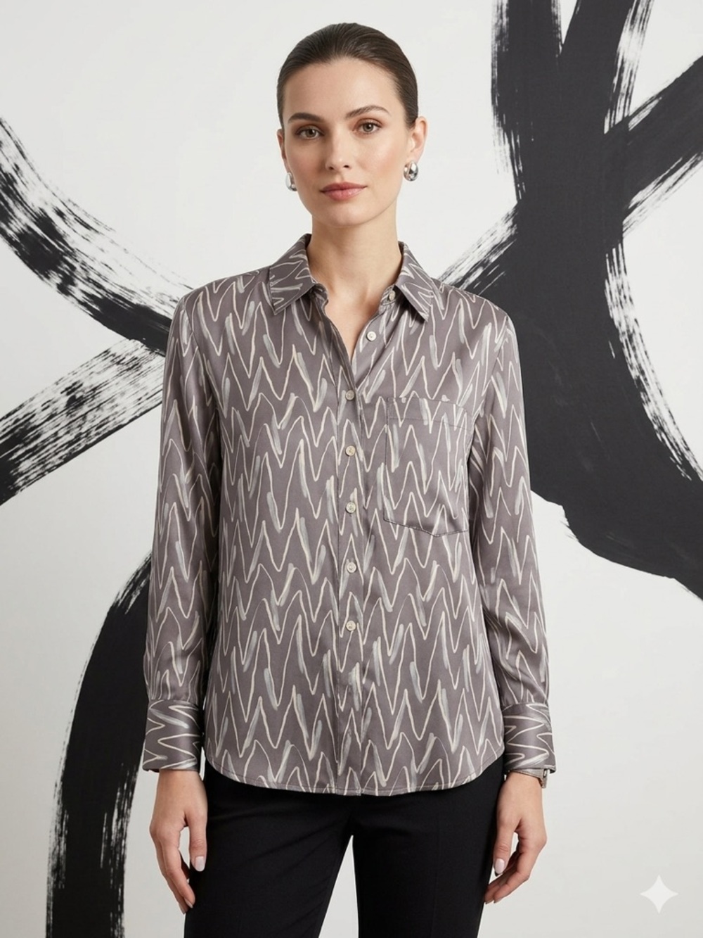 Finley Gray Chevron-Pattern Silk Blouse
